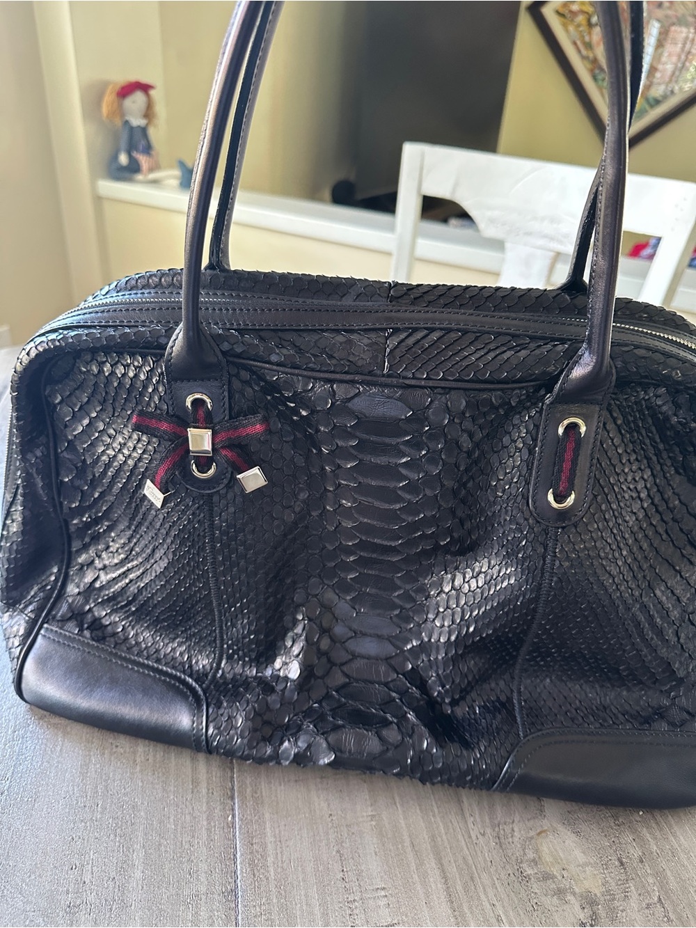 Vintage Gucci Black Python-Embossed Leather Tote with Burgundy Accents - Picture 8 of 8